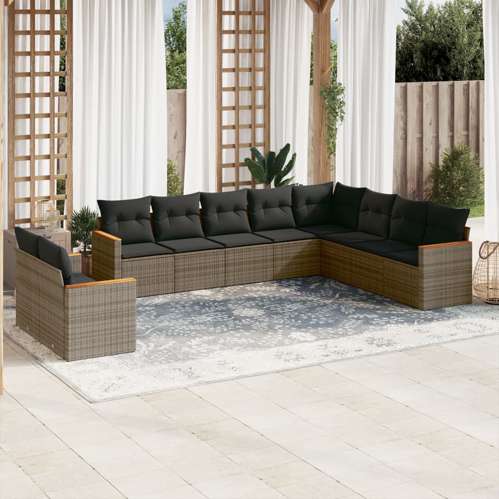 10 Pcs conjunto sofás de jardim c/ almofadões vime PE cinzento