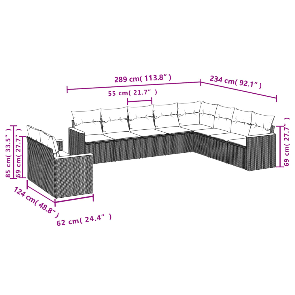 10 Pcs conjunto sofás de jardim c/ almofadões vime PE cinzento
