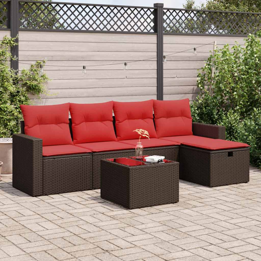 6 Pcs conjunto de sofás jardim c/ almofadões vime PE castanho