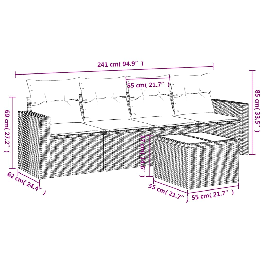 5 Pcs conjunto sofás de jardim com almofadões vime PE preto