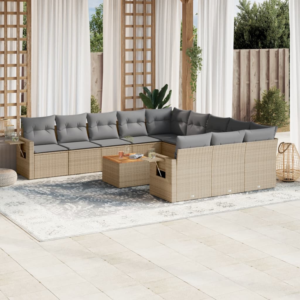 12 Pcs conjunto de sofás p/ jardim com almofadões vime PE bege