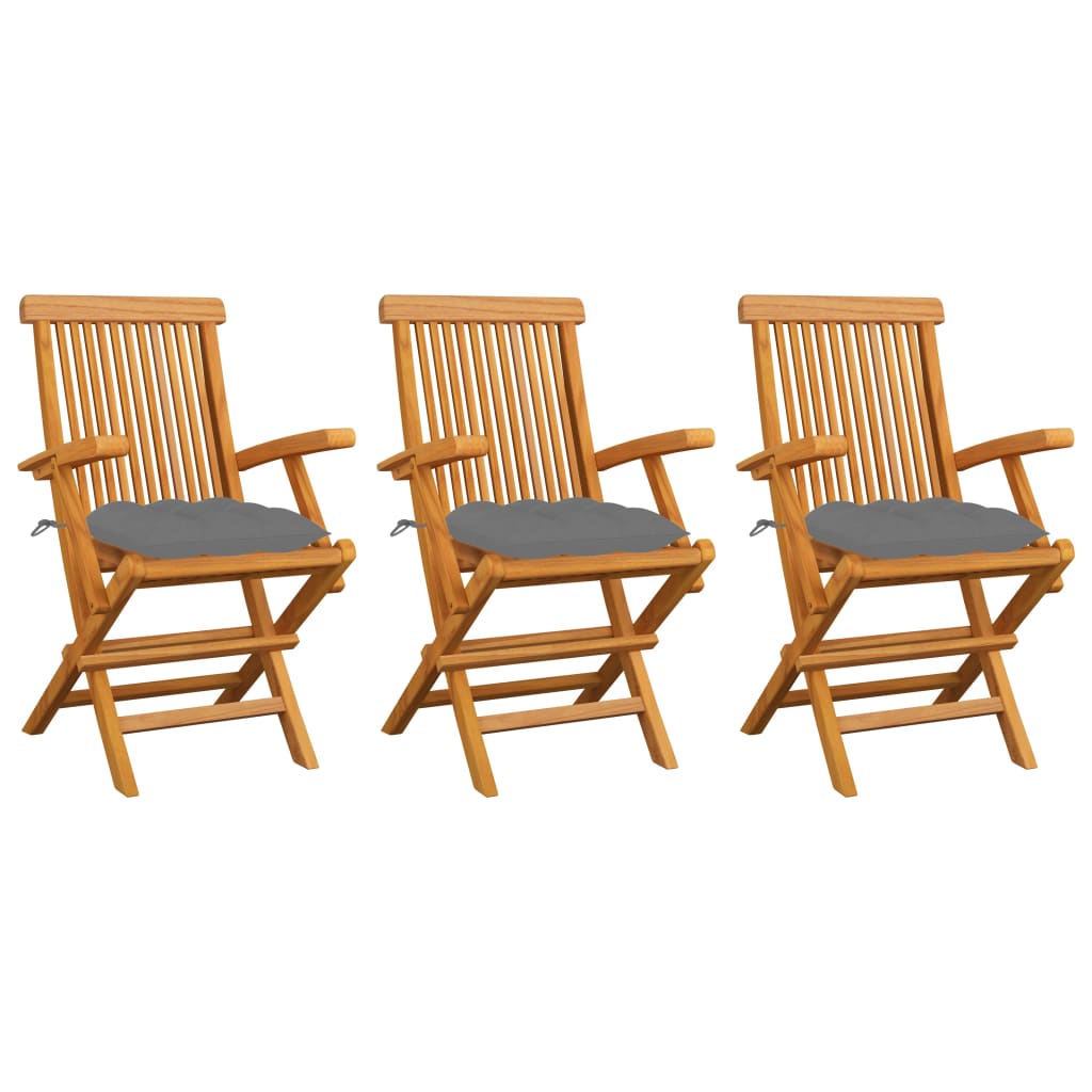 Cadeiras de jardim c/ almofadões cinzentos 3 pcs teca maciça