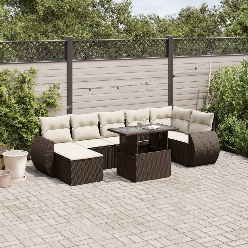 8 Pcs conjunto sofás de jardim c/ almofadões vime PE castanho