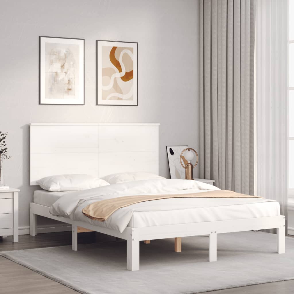 Estrutura de cama de casal c/ cabeceira madeira maciça branco