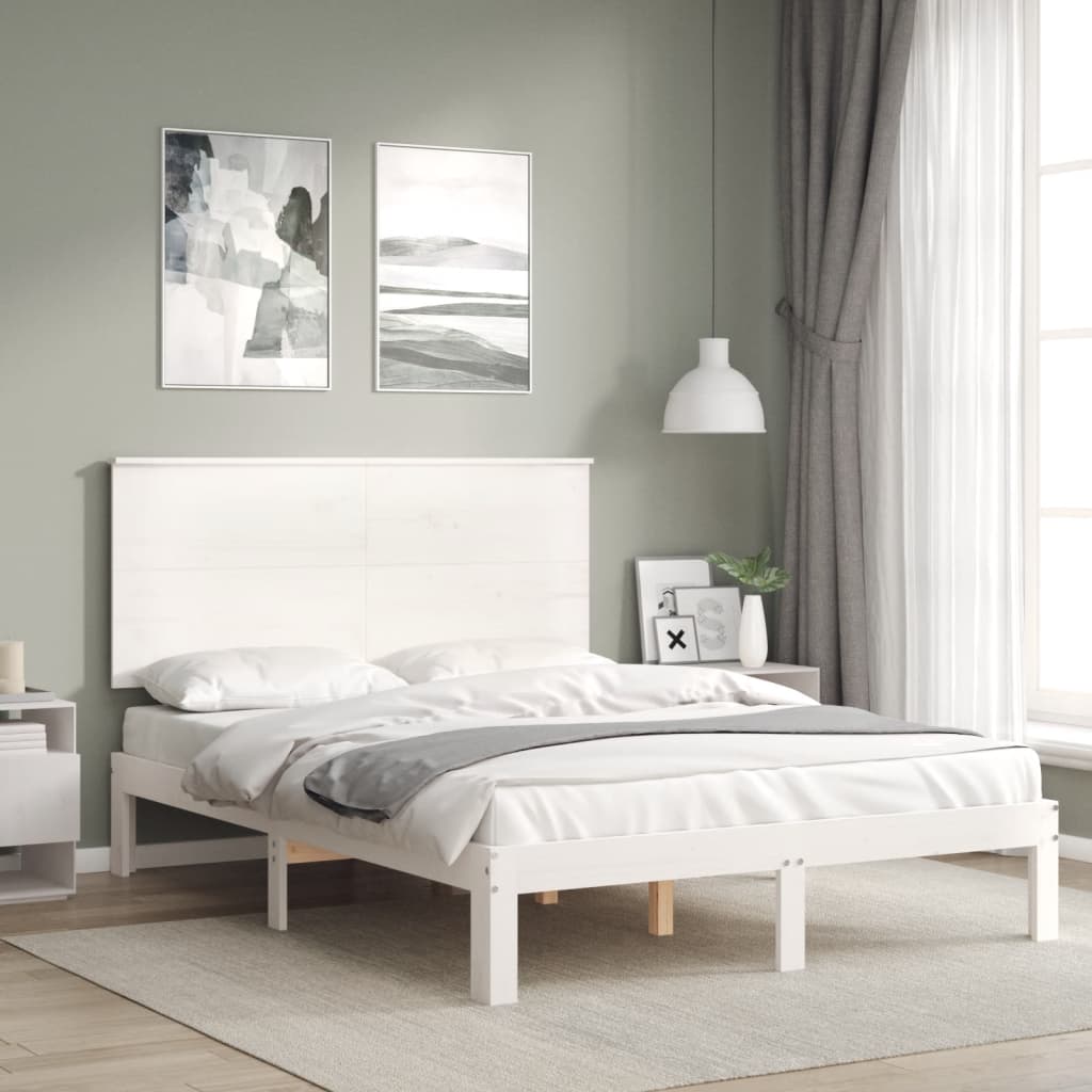 Estrutura de cama de casal c/ cabeceira madeira maciça branco