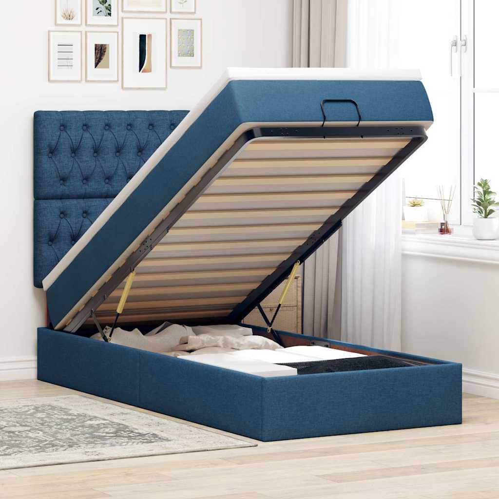 Cama otomana com colchão & leds tecido azul 100x200 cm