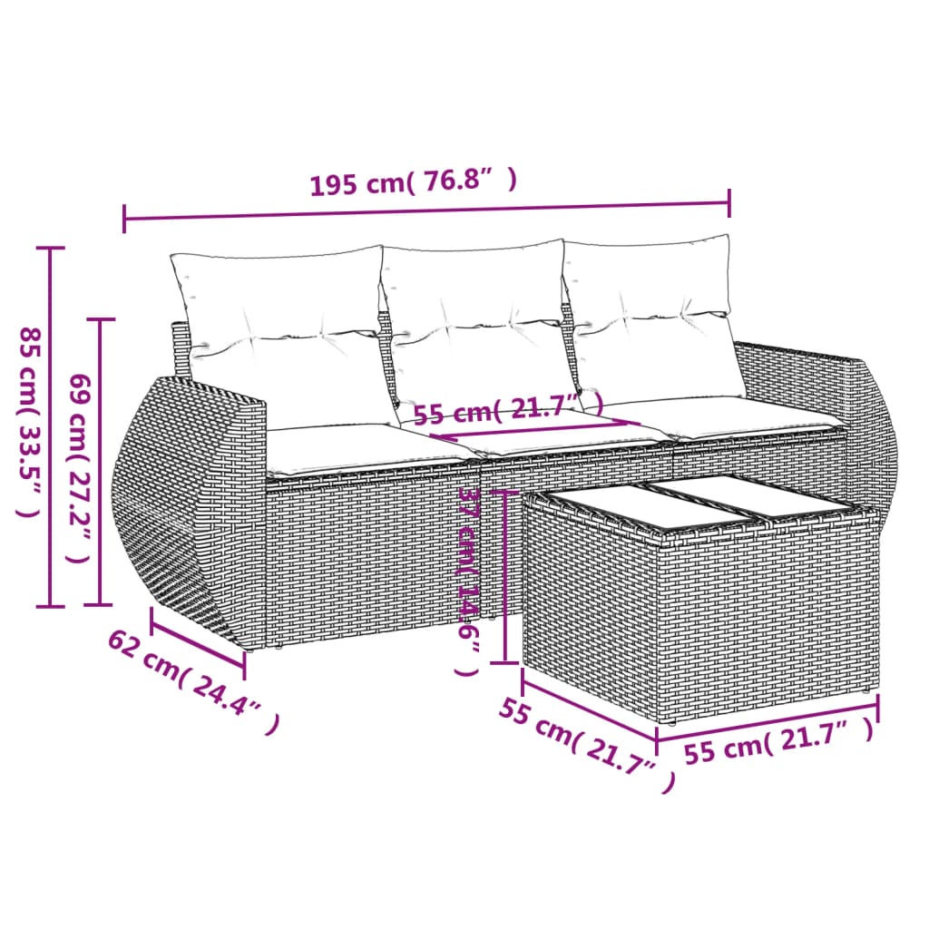 4 Pcs conj. sofás jardim c/ almofadões vime PE cinzento-claro