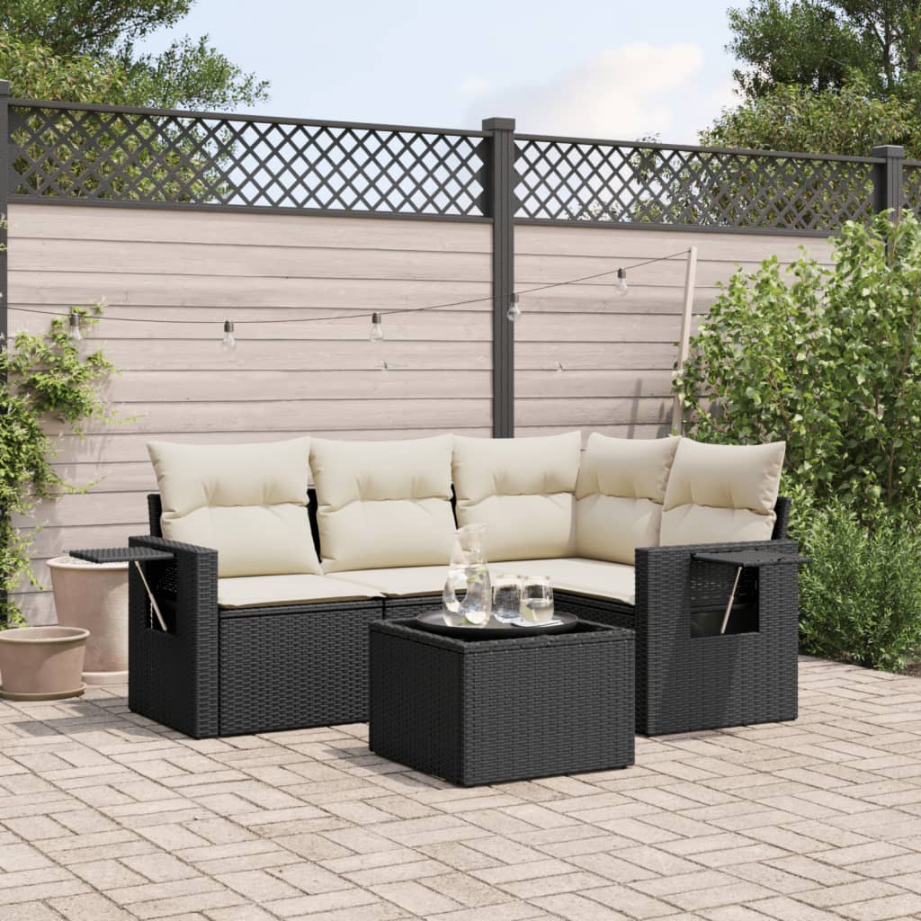 5 Pcs conjunto sofás de jardim com almofadões vime PE preto