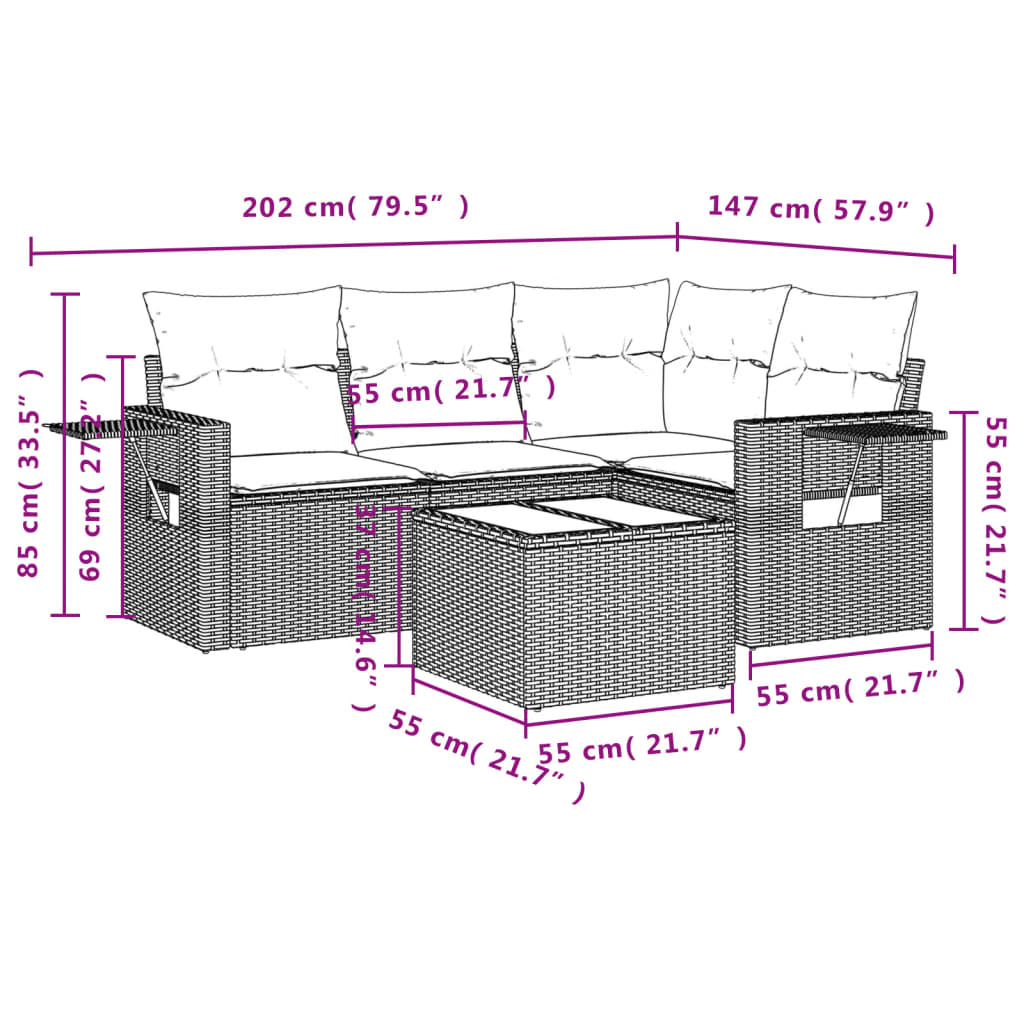 5 Pcs conjunto sofás de jardim com almofadões vime PE preto