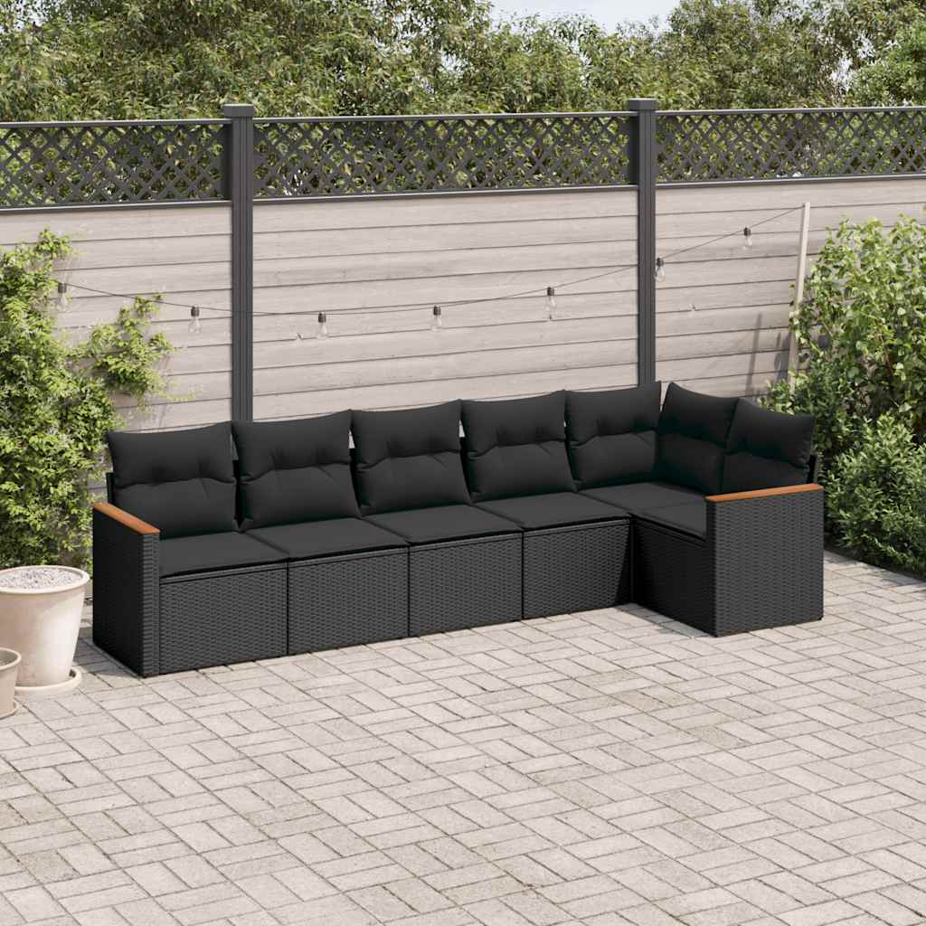 6 Pcs conjunto sofás de jardim c/ almofadões vime PE preto