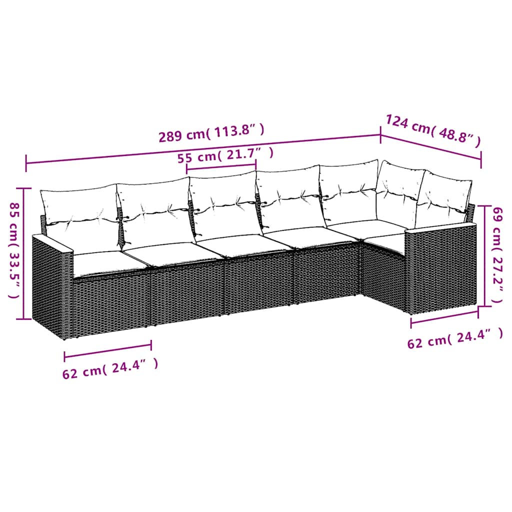 6 Pcs conjunto sofás de jardim c/ almofadões vime PE preto