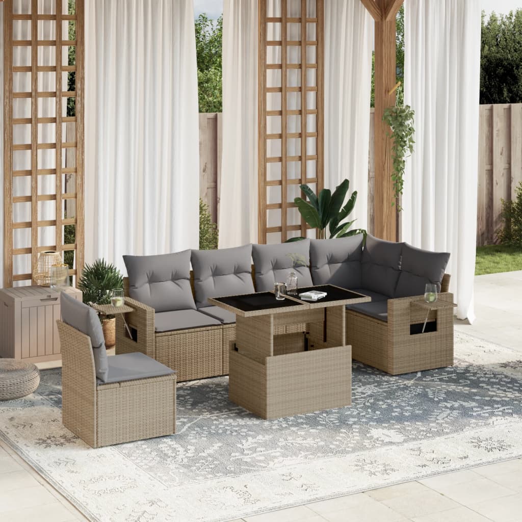 7 Pcs conjunto de sofás p/ jardim com almofadões vime PE bege