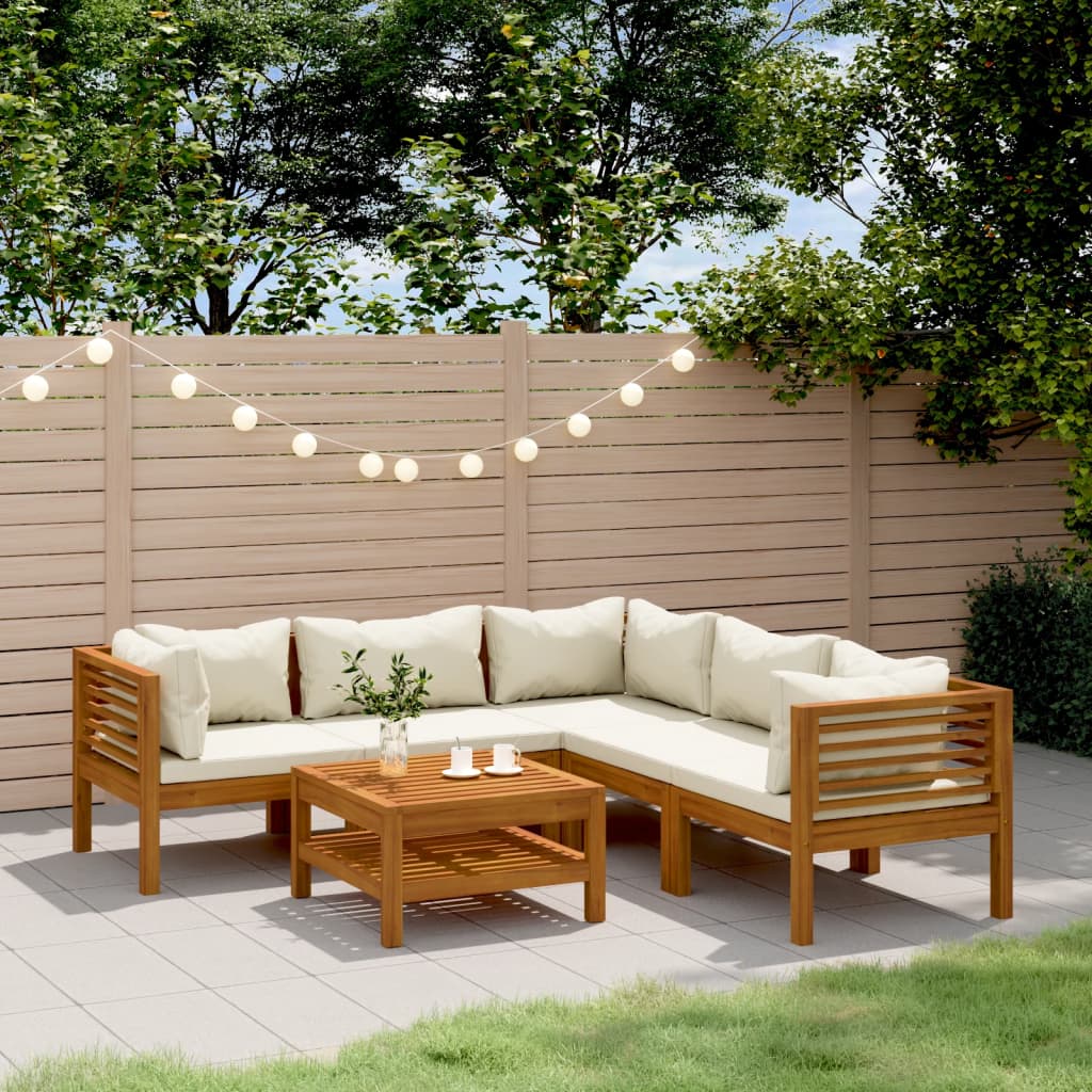 6 Pcs conjunto lounge jardim c/ almofadões creme acácia maciça