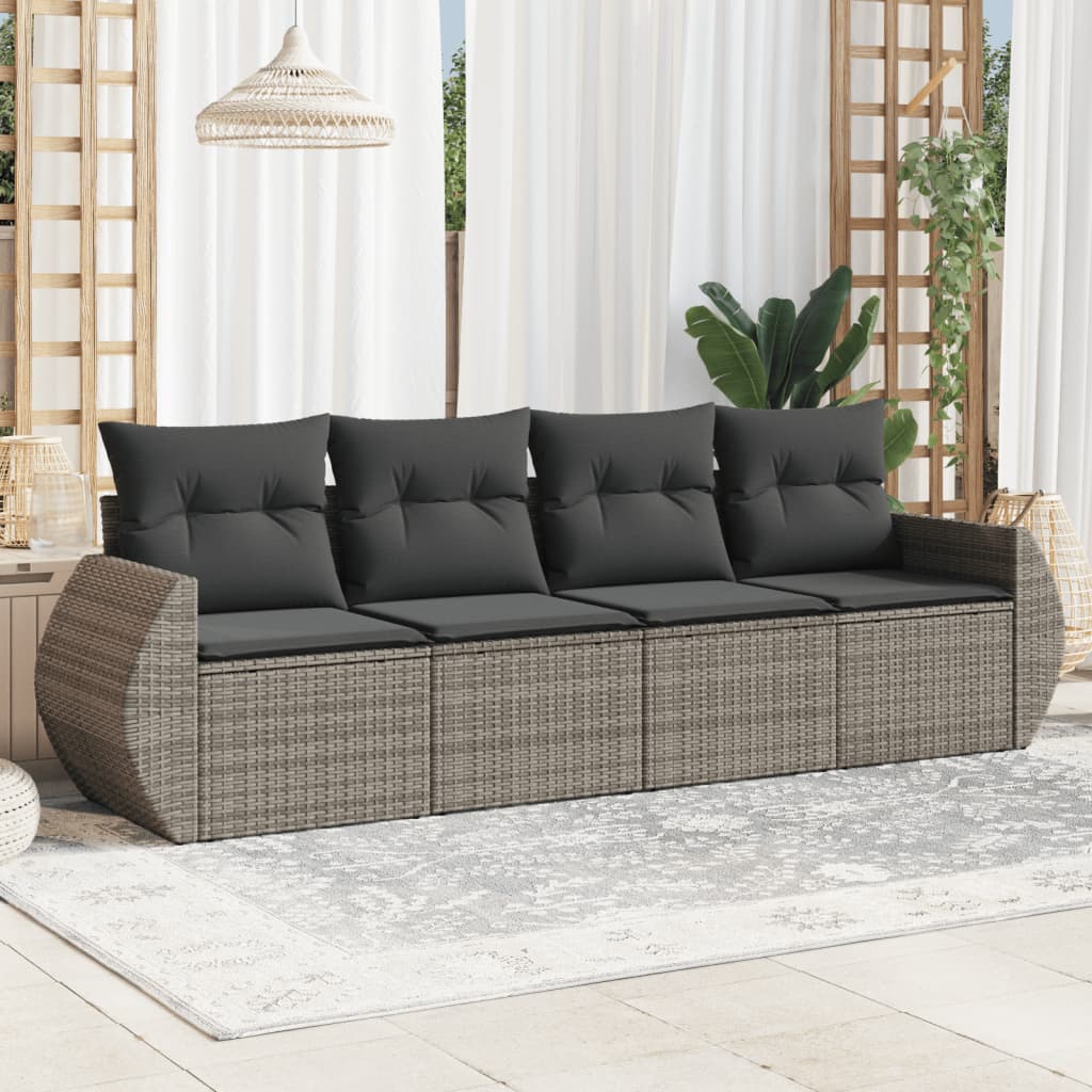 4 Pcs conjunto sofás de jardim c/ almofadões vime PE cinzento
