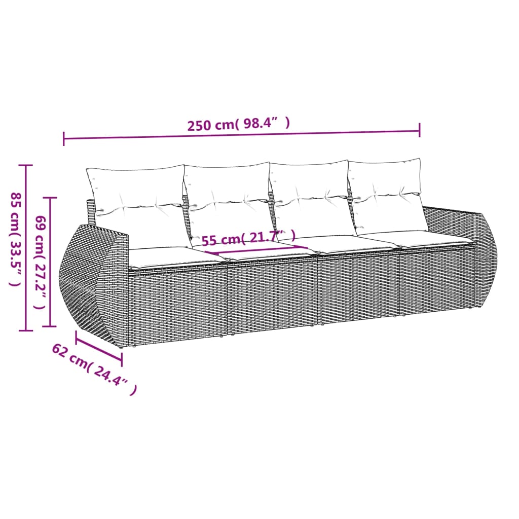 4 Pcs conjunto sofás de jardim c/ almofadões vime PE cinzento
