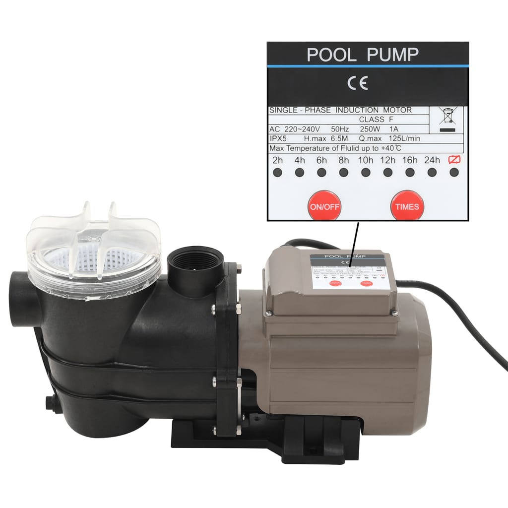 Bomba de piscina com temporizador preto 0,25 hp 8000 l/h