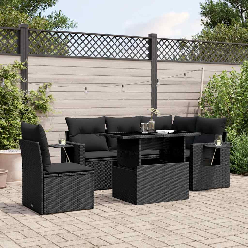 6 Pcs conjunto sofás de jardim c/ almofadões vime PE preto