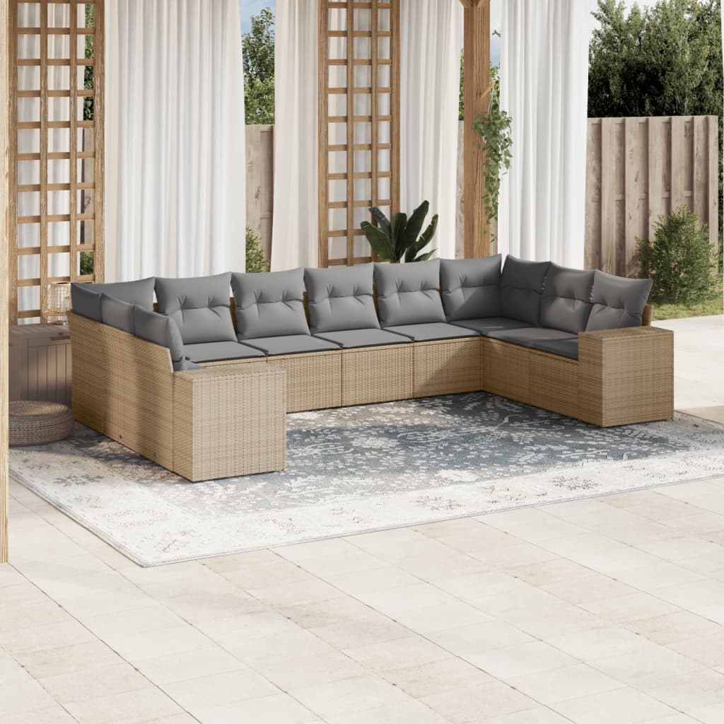 10 Pcs conjunto de sofás p/ jardim com almofadões vime PE bege