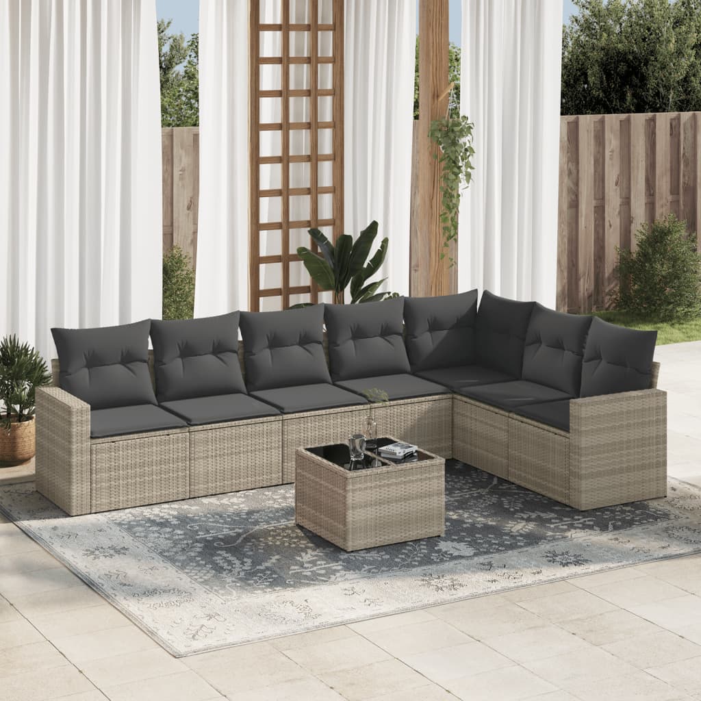 8 Pcs conj. sofás jardim c/ almofadões vime PE cinzento-claro