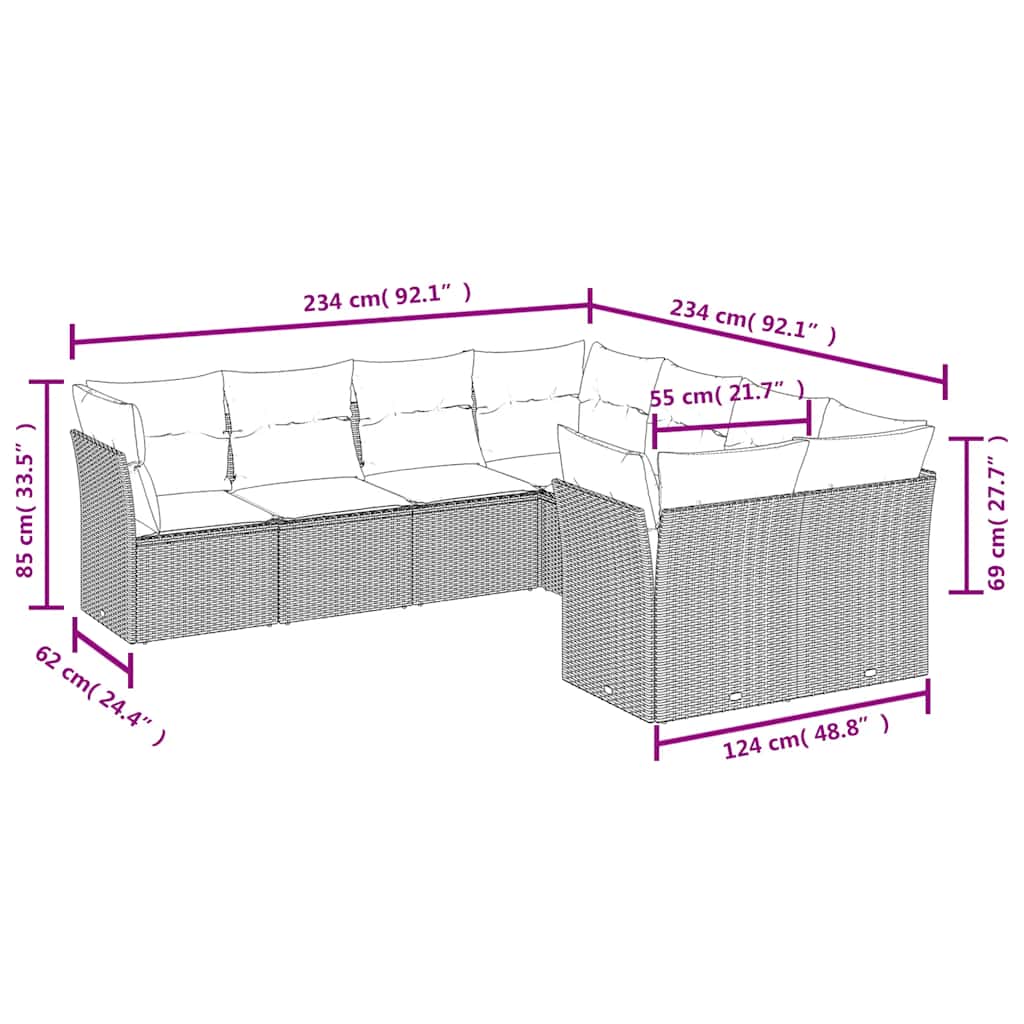 8 Pcs conjunto sofás de jardim com almofadões vime PE preto