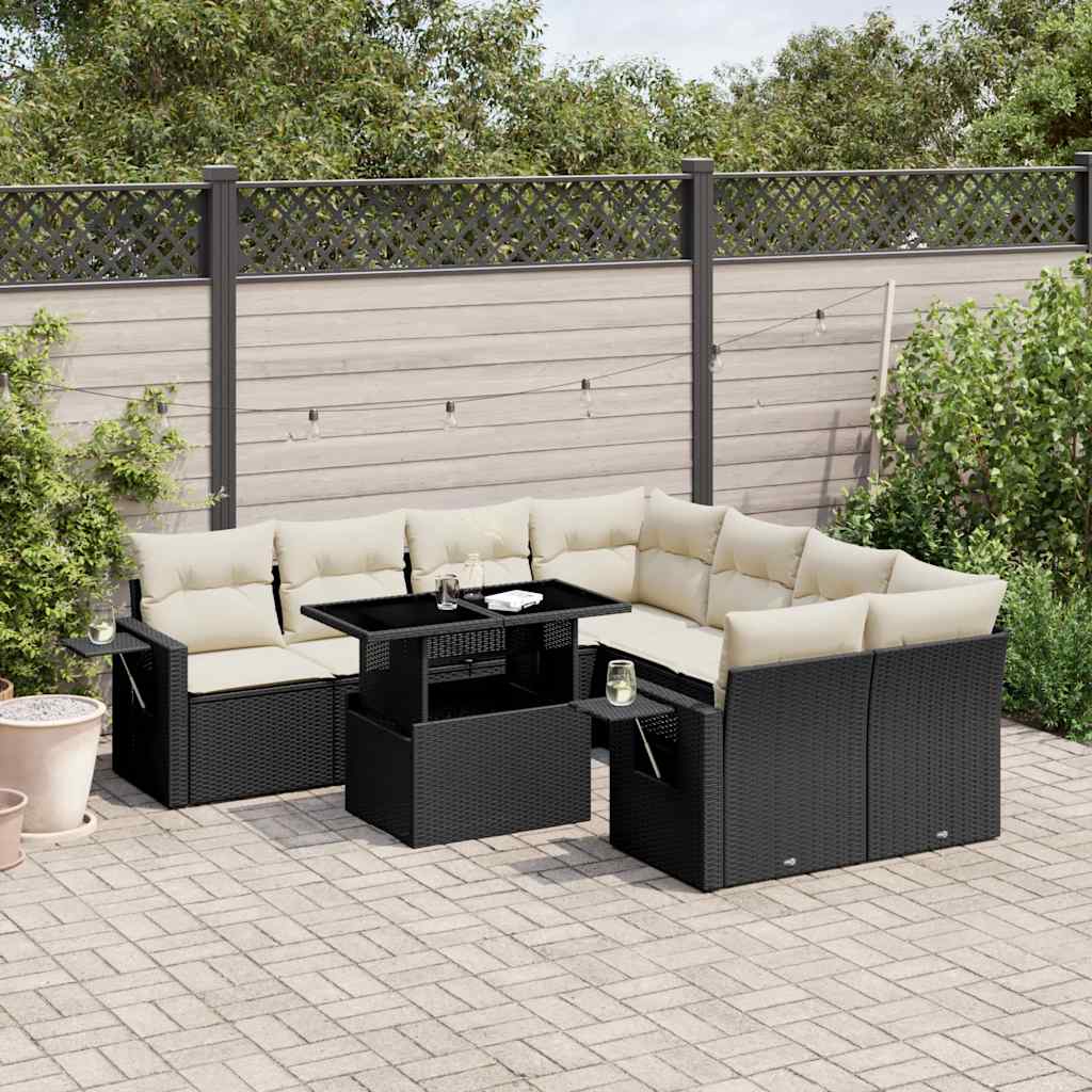 9 Pcs conjunto de sofás p/ jardim c/ almofadões vime PE preto