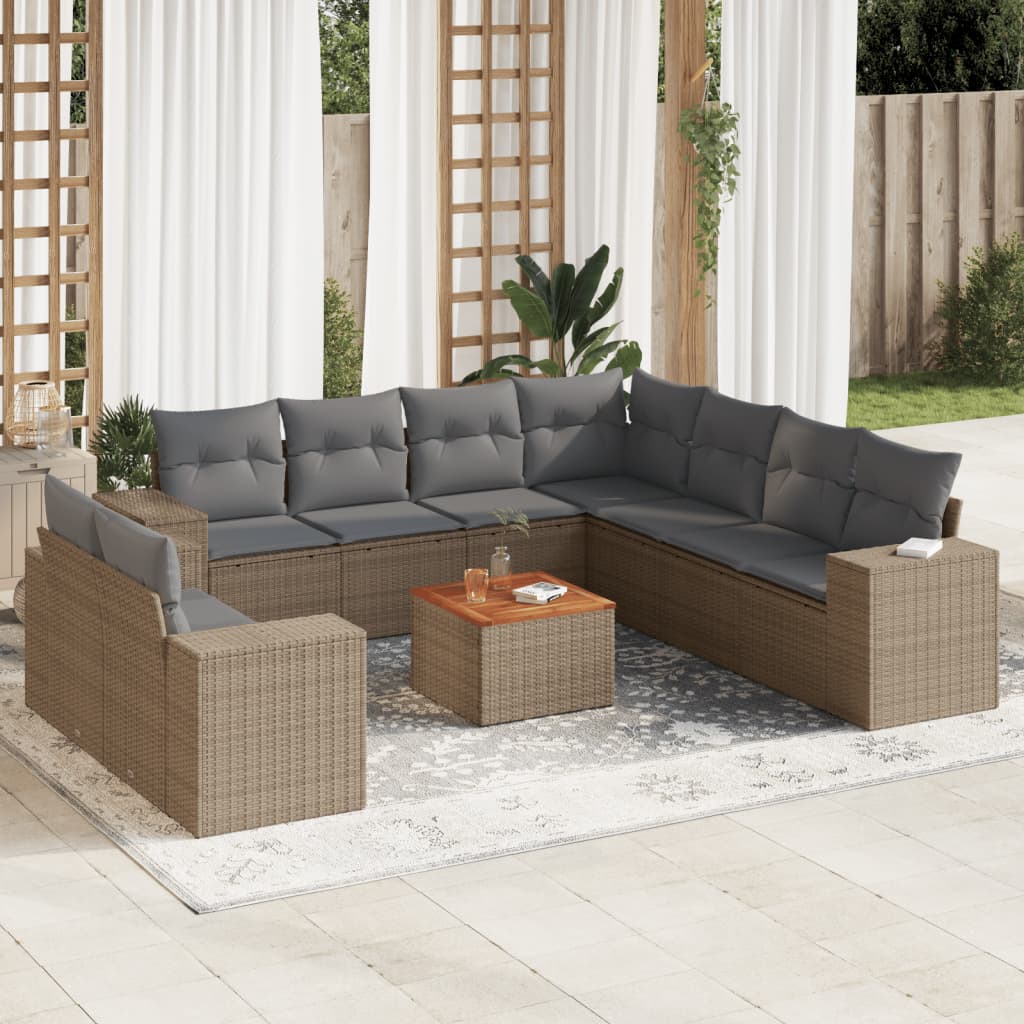 10 Pcs conjunto de sofás p/ jardim com almofadões vime PE bege