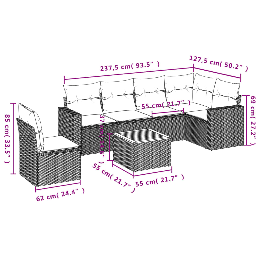 7 Pcs conjunto de sofás p/ jardim c/ almofadões vime PE preto