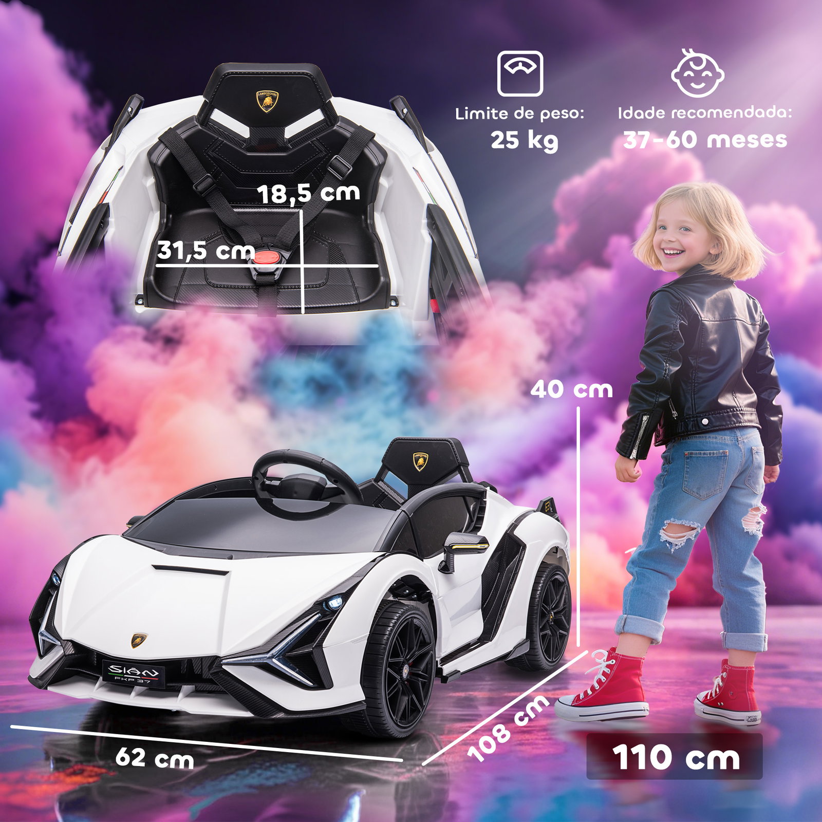 Carro Elétrico Lamborghini SIAN 12V com Controle Remoto Abertura da Porta Música MP3 USB e Faróis 108x62x40 cm Branco