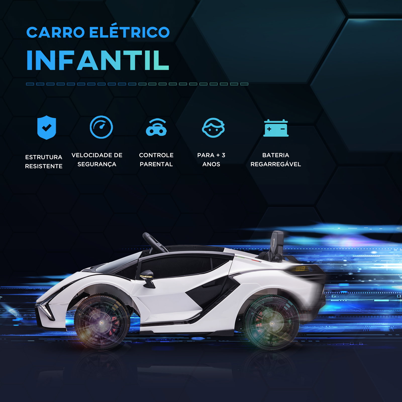 Carro Elétrico Lamborghini SIAN 12V com Controle Remoto Abertura da Porta Música MP3 USB e Faróis 108x62x40 cm Branco