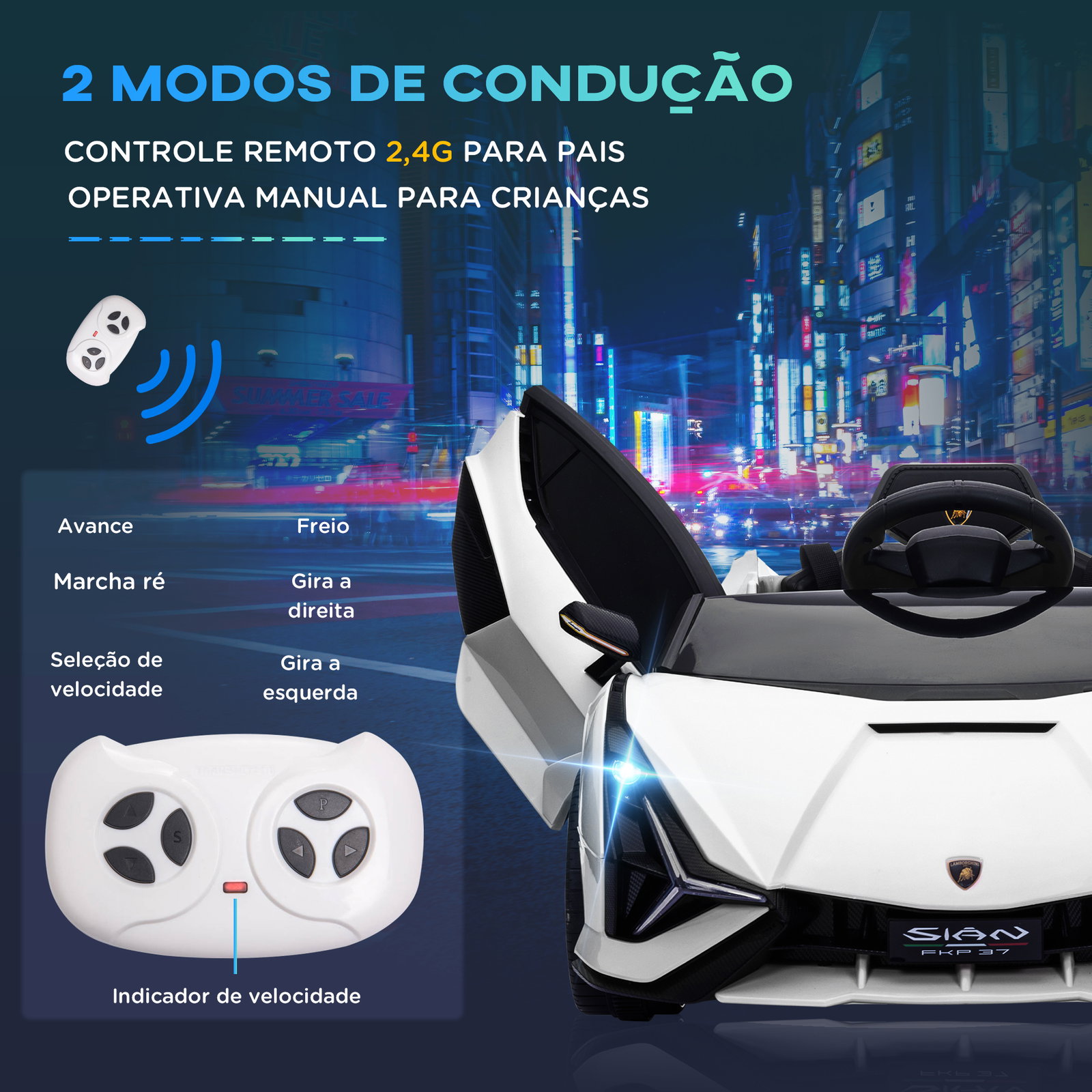 Carro Elétrico Lamborghini SIAN 12V com Controle Remoto Abertura da Porta Música MP3 USB e Faróis 108x62x40 cm Branco