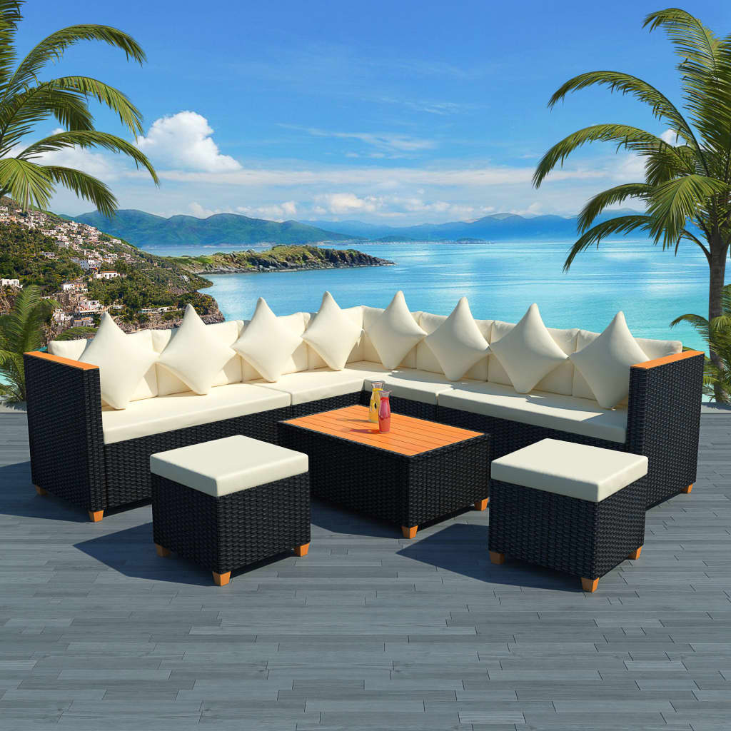 7 Pcs conjunto lounge de jardim c/ almofadões vime PE preto