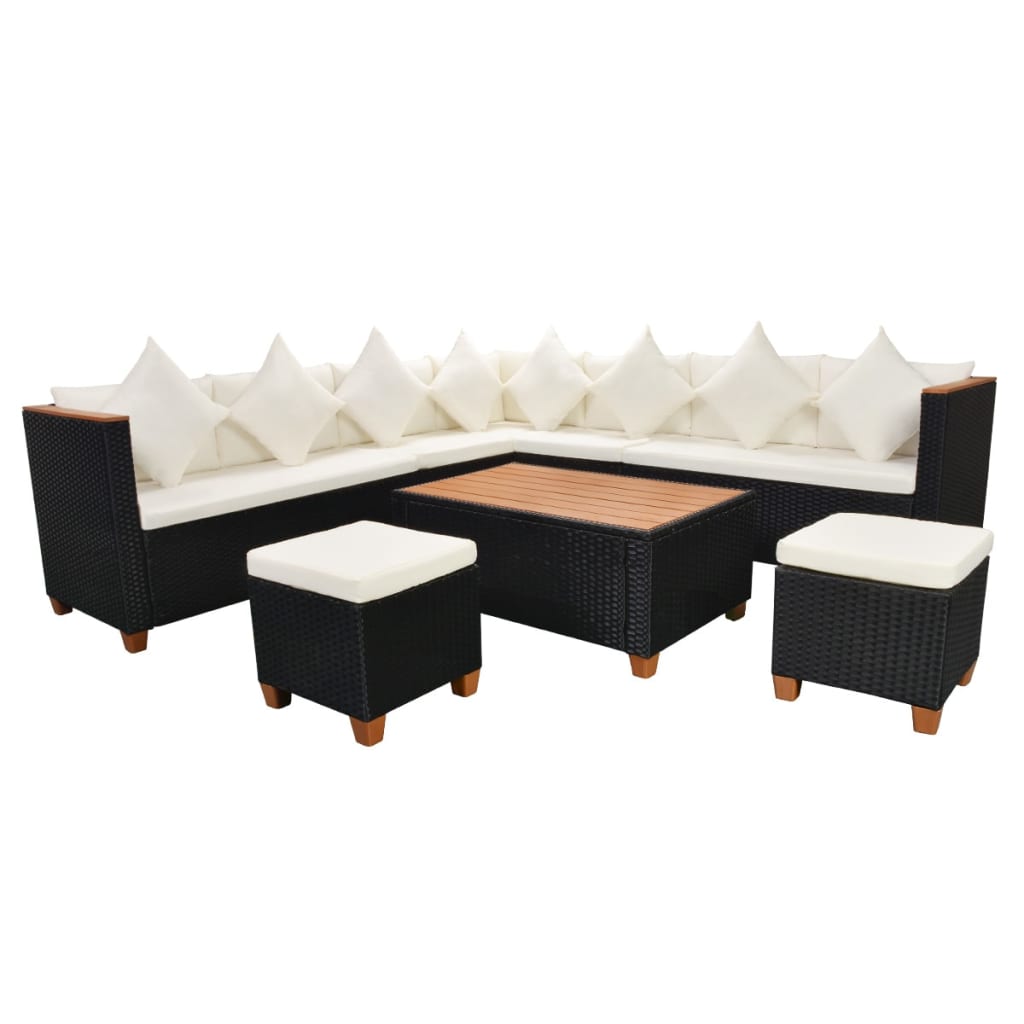 7 Pcs conjunto lounge de jardim c/ almofadões vime PE preto