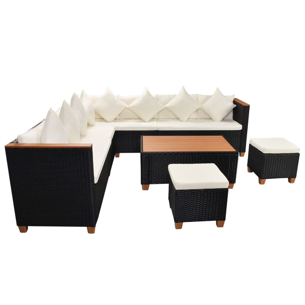 7 Pcs conjunto lounge de jardim c/ almofadões vime PE preto