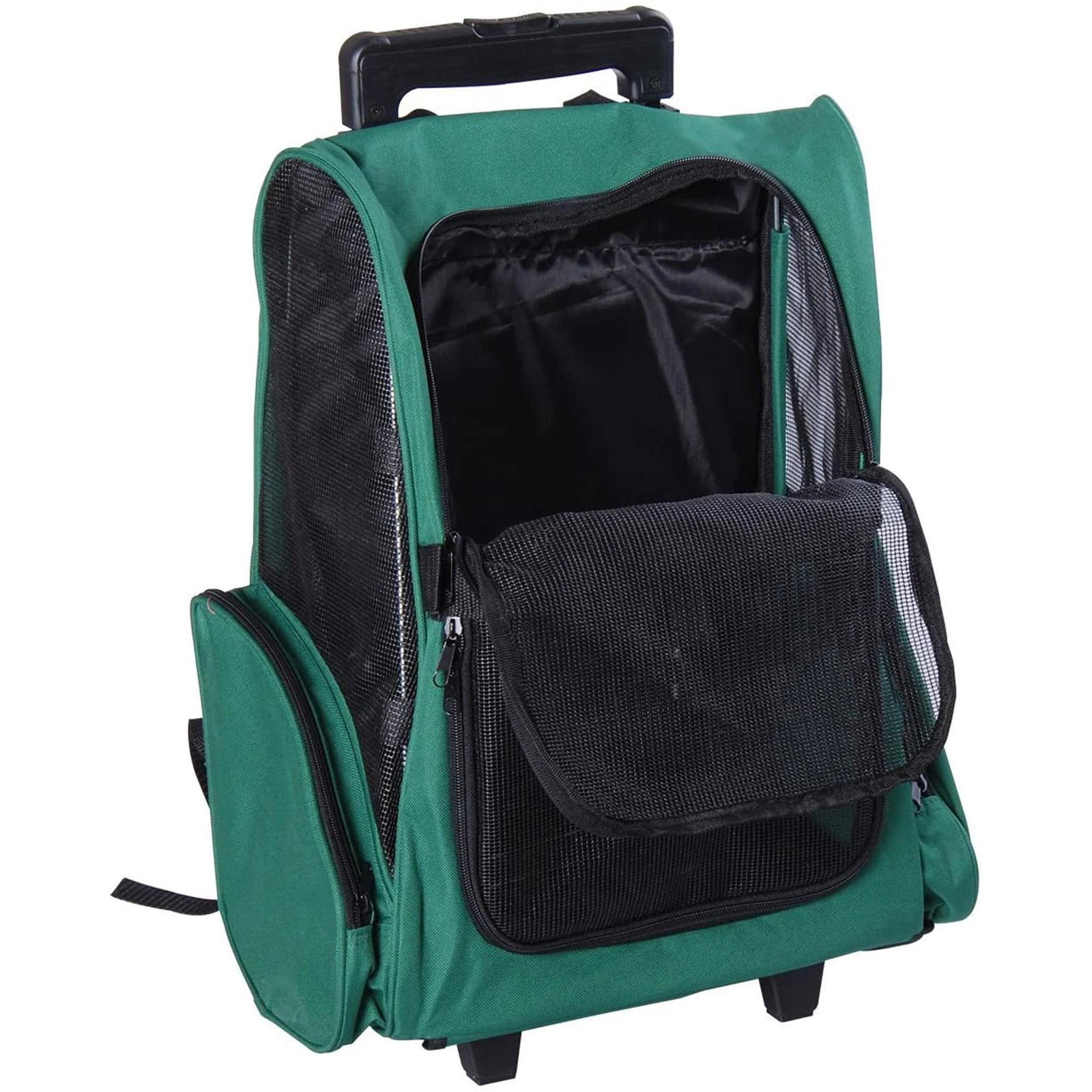 Transportadora 2 em 1 para animais de estimação mochila ou carrinho de viagem para cães e gatos com 2 rodas alça retrátil de alumínio e bolso de armazenamento 42x25x55cm verde
