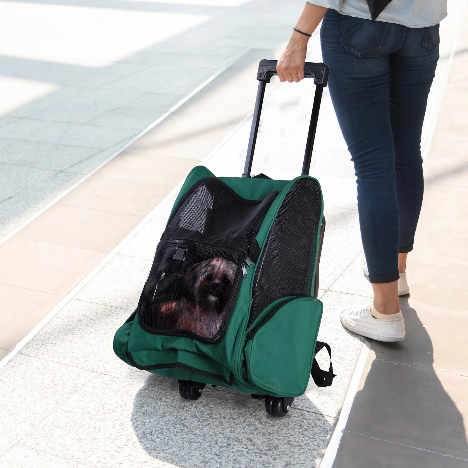 Transportadora 2 em 1 para animais de estimação mochila ou carrinho de viagem para cães e gatos com 2 rodas alça retrátil de alumínio e bolso de armazenamento 42x25x55cm verde