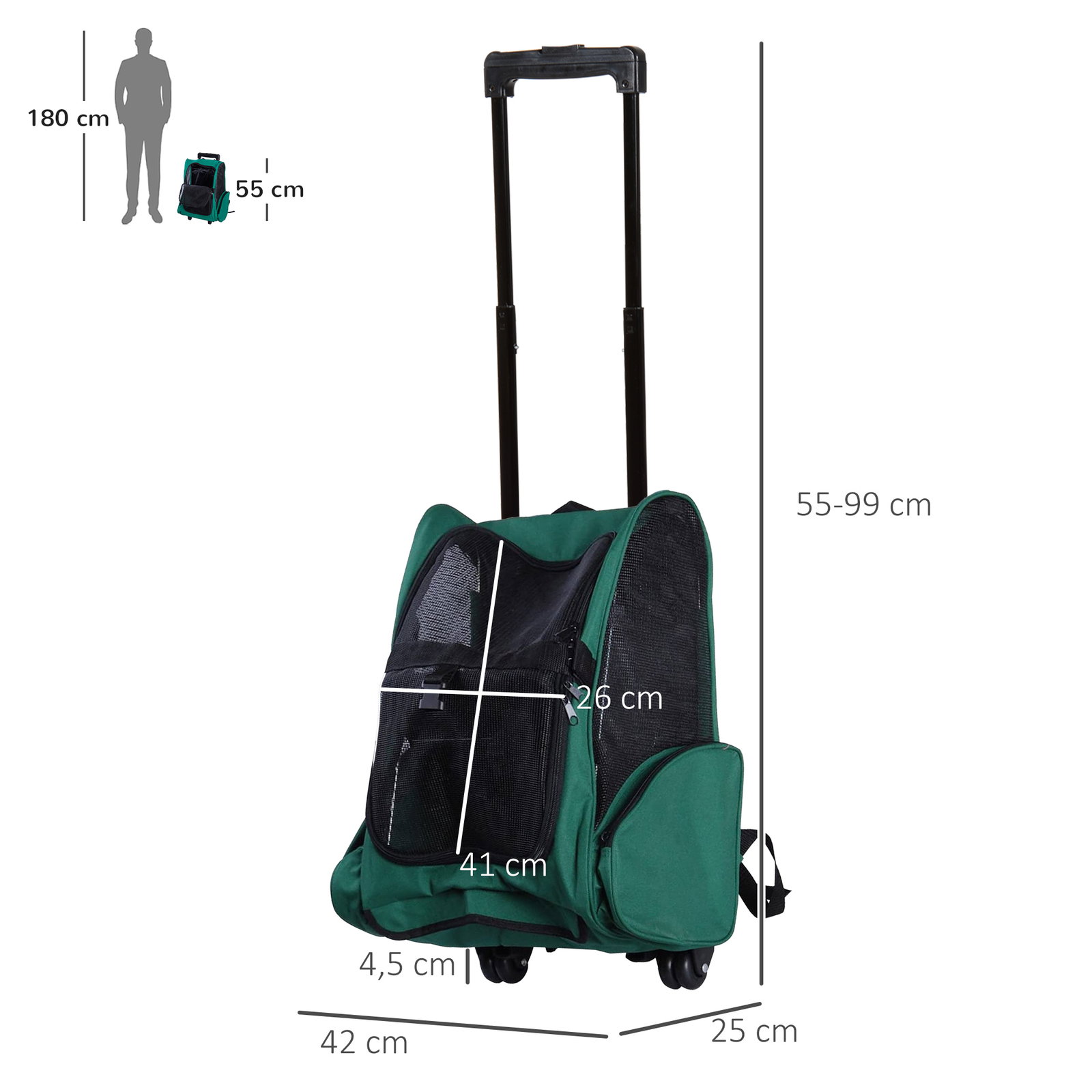 Transportadora 2 em 1 para animais de estimação mochila ou carrinho de viagem para cães e gatos com 2 rodas alça retrátil de alumínio e bolso de armazenamento 42x25x55cm verde
