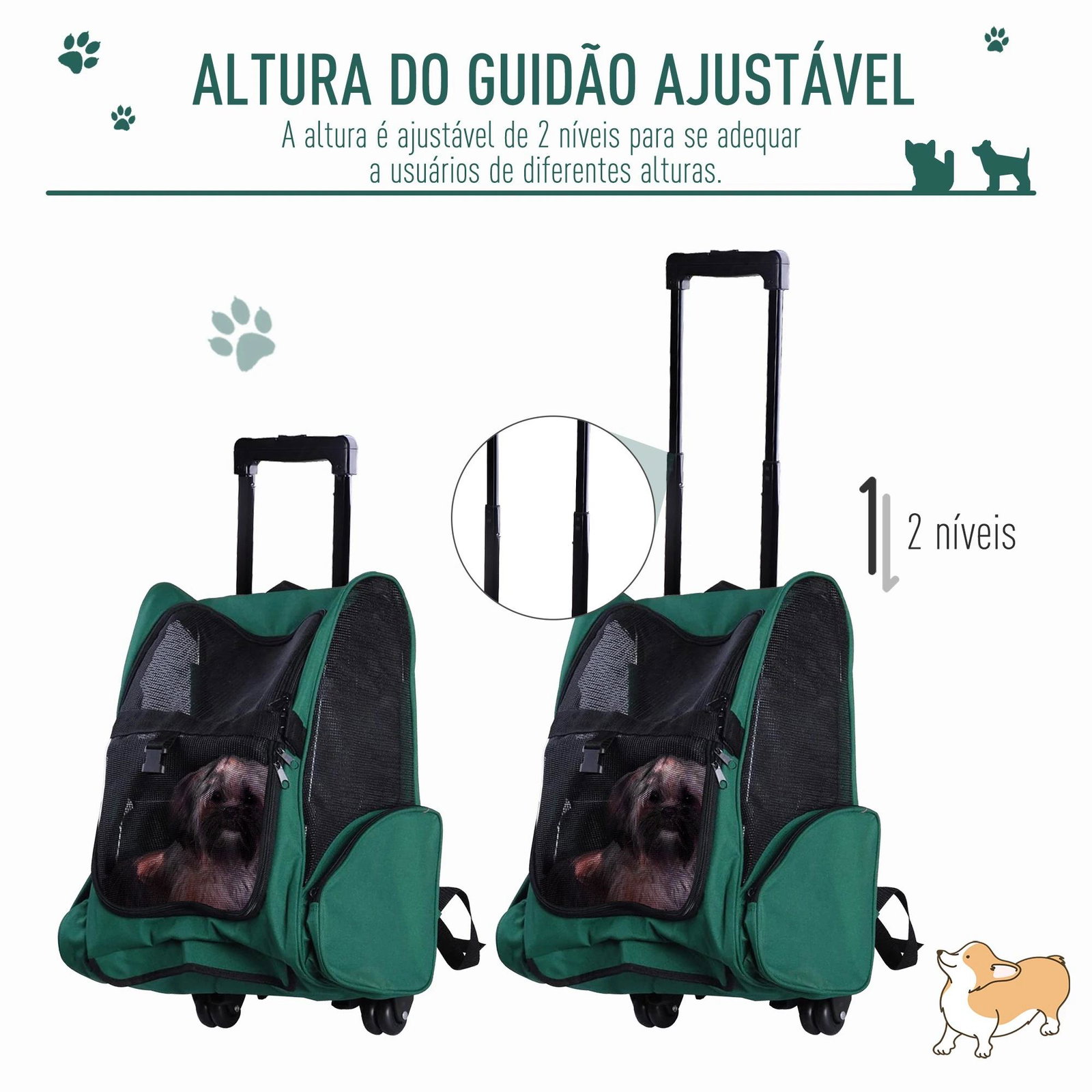 Transportadora 2 em 1 para animais de estimação mochila ou carrinho de viagem para cães e gatos com 2 rodas alça retrátil de alumínio e bolso de armazenamento 42x25x55cm verde
