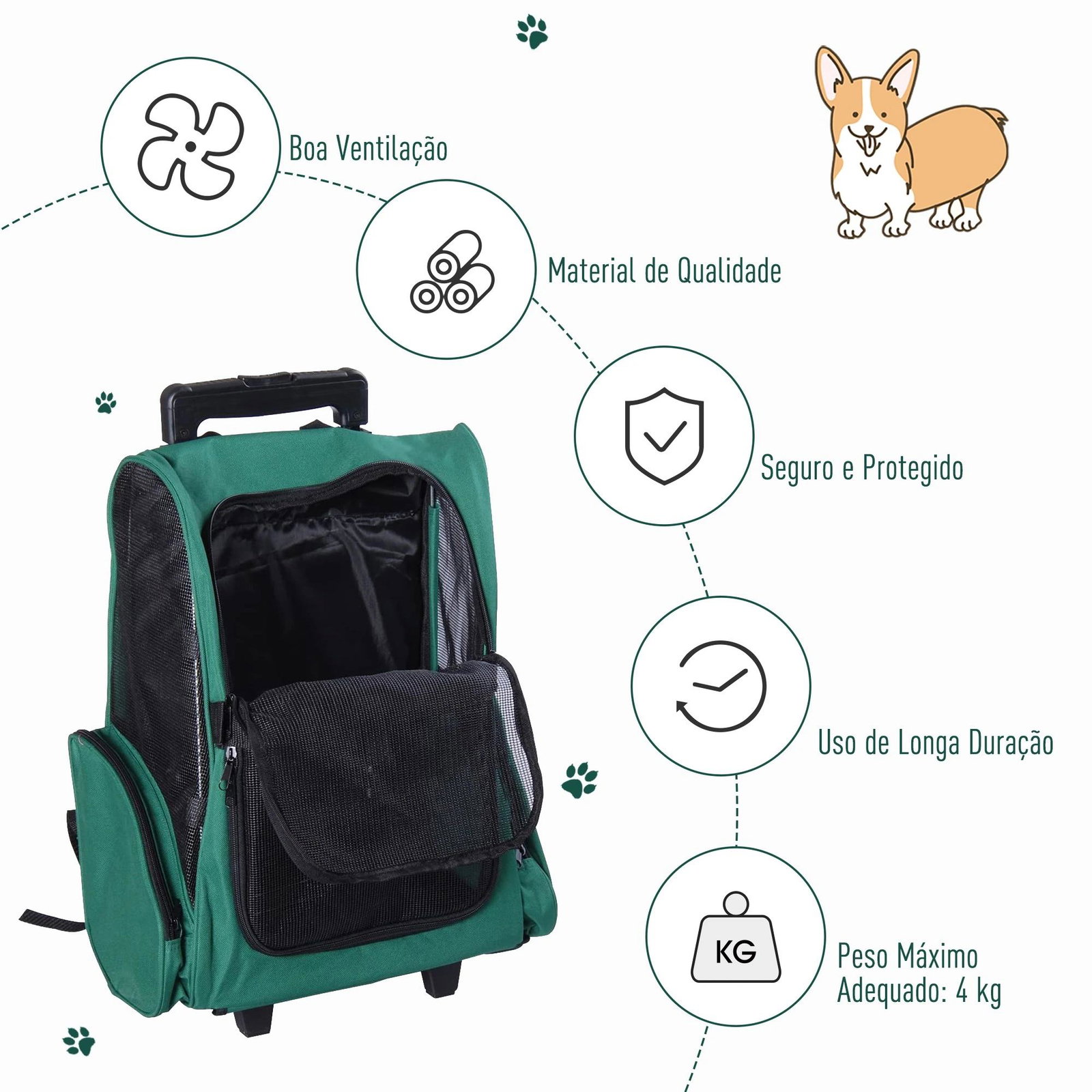 Transportadora 2 em 1 para animais de estimação mochila ou carrinho de viagem para cães e gatos com 2 rodas alça retrátil de alumínio e bolso de armazenamento 42x25x55cm verde