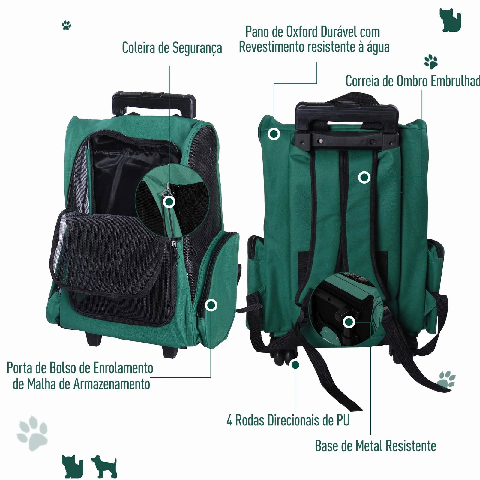 Transportadora 2 em 1 para animais de estimação mochila ou carrinho de viagem para cães e gatos com 2 rodas alça retrátil de alumínio e bolso de armazenamento 42x25x55cm verde