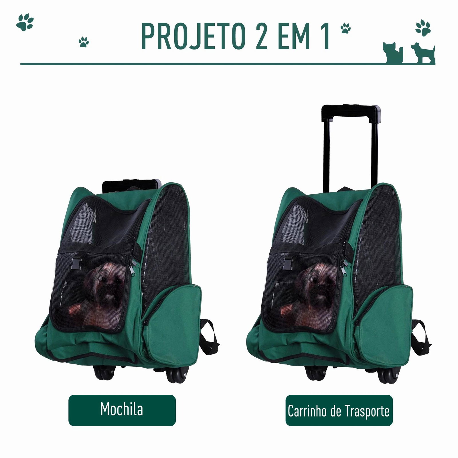 Transportadora 2 em 1 para animais de estimação mochila ou carrinho de viagem para cães e gatos com 2 rodas alça retrátil de alumínio e bolso de armazenamento 42x25x55cm verde