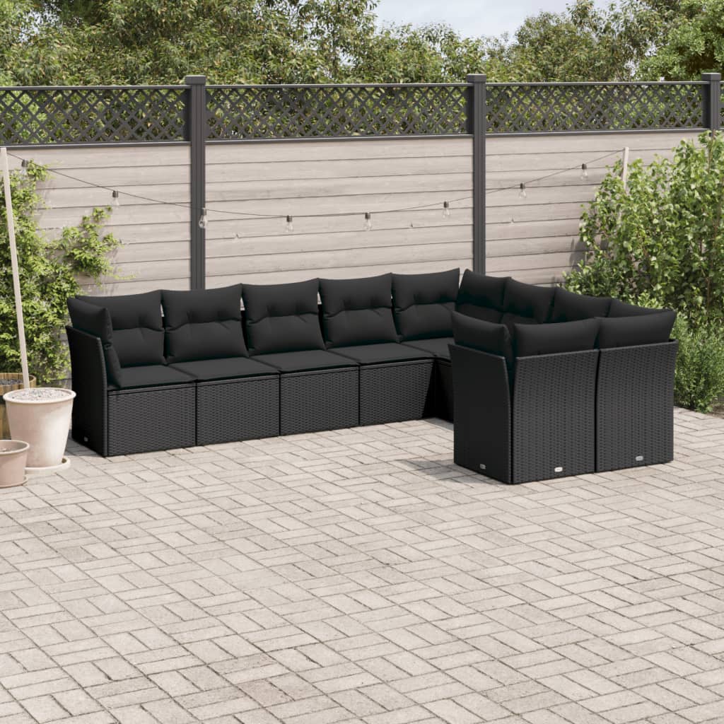 9 Pcs conjunto de sofás p/ jardim c/ almofadões vime PE preto