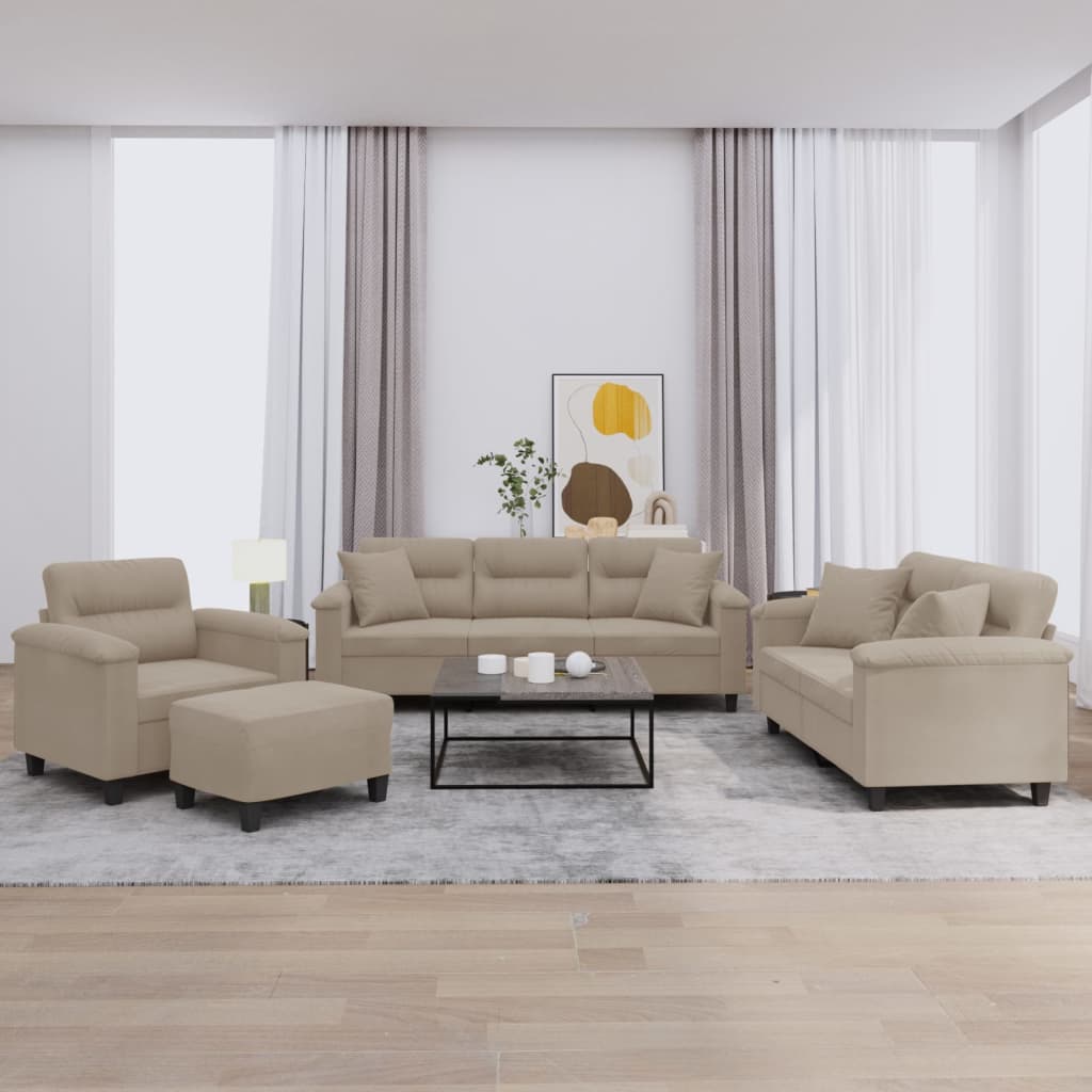 4 Pcs conjunto sofás c/ almofadas microfibra cinza-acastanhado