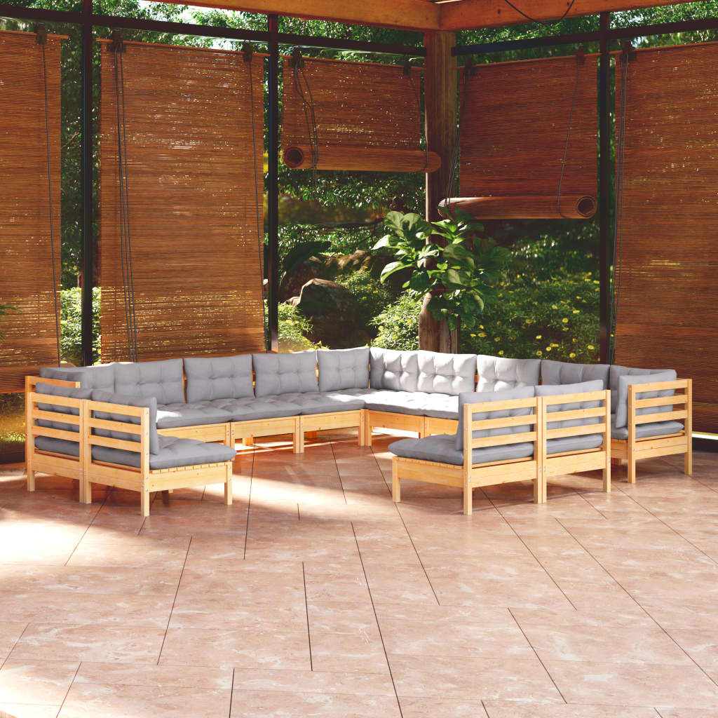 13Pcs conjunto lounge de jardim + almofadões cinza pinho maciço