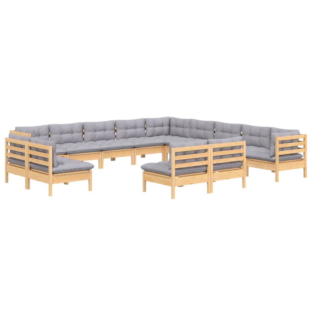 13Pcs conjunto lounge de jardim + almofadões cinza pinho maciço