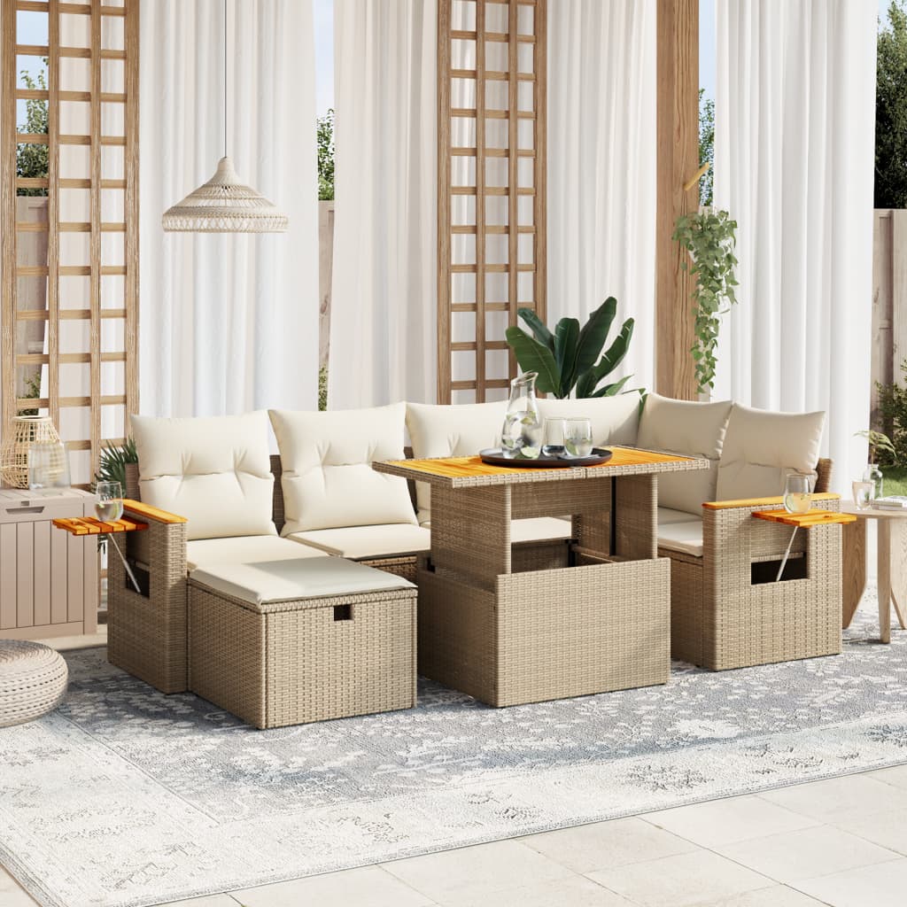 7 Pcs conjunto de sofás p/ jardim com almofadões vime PE bege
