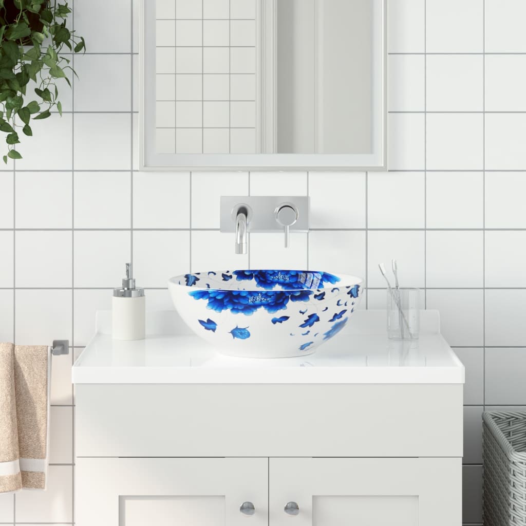 Lavatório de bancada redondo φ41x14 cm cerâmica branco e azul
