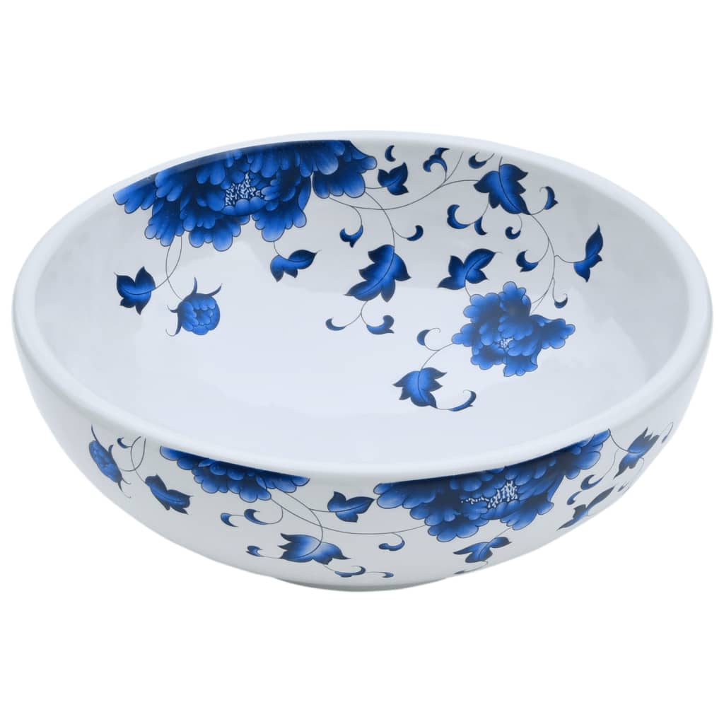 Lavatório de bancada redondo φ41x14 cm cerâmica branco e azul