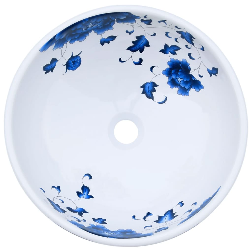Lavatório de bancada redondo φ41x14 cm cerâmica branco e azul
