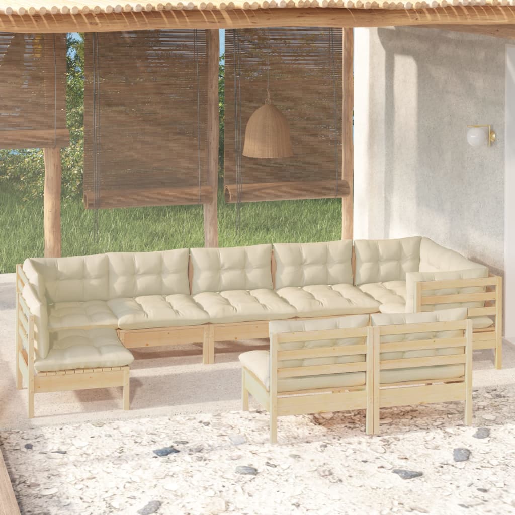 9 Pcs conjunto lounge jardim c/ almofadões creme pinho maciço