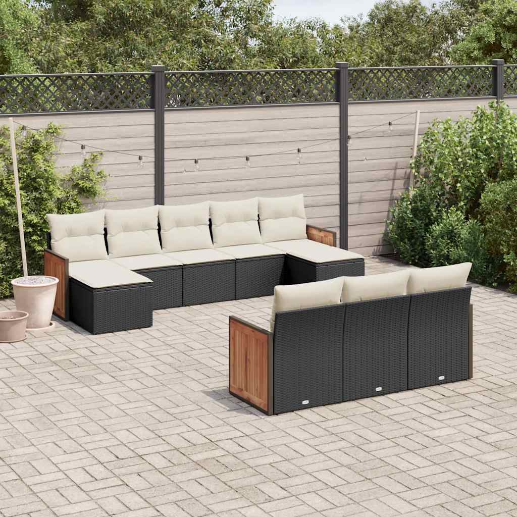 10 Pcs conjunto sofás de jardim c/ almofadões vime PE preto